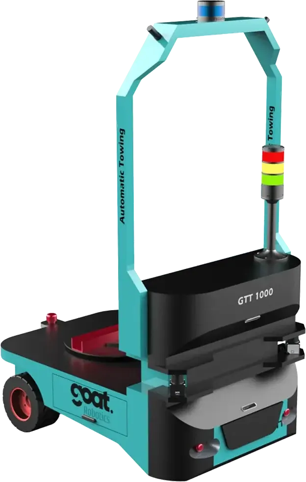 GT-XT autonomous tow robot with tow handle frame and status beacon