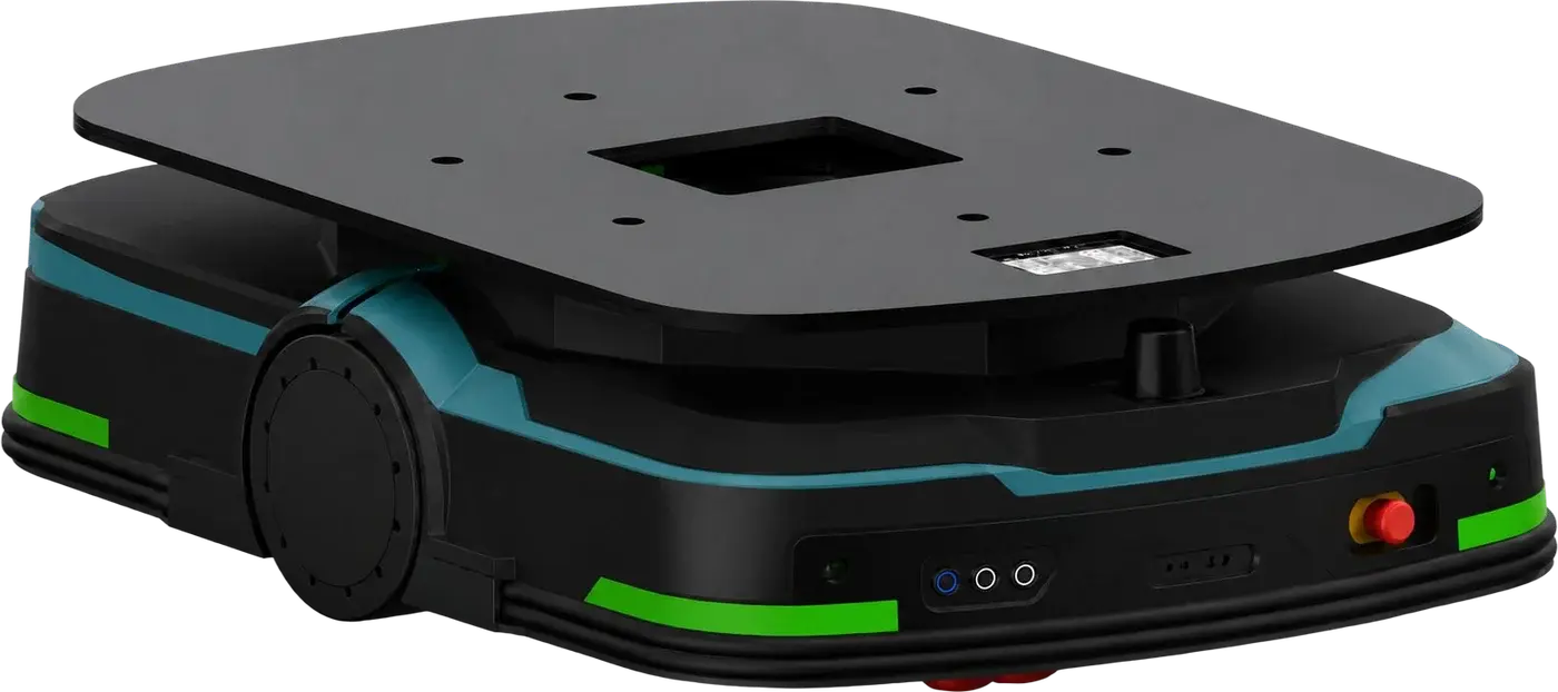GT-L latent lifting autonomous mobile robot with black lift plate, teal trim and green light strips