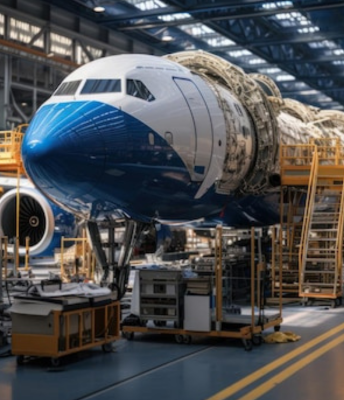 In a factory setting, an airplane is being assembled with workers and machinery surrounding it.
