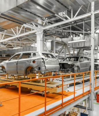 An assembly line that shows the way cars are manufactured in the automotive unit using robots.