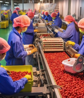 Workers neatly divide tomatoes into separate sections on a moving pallet truck in the food industry.