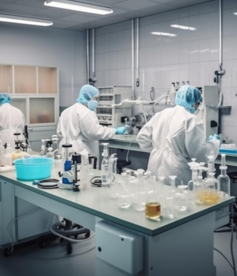 Researchers conducting work in a pharmaceutical lab while wearing lab coats and protective gear.