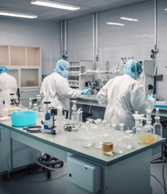 Scientists wearing lab coats and safety gear communicate with one another in a lab setting.